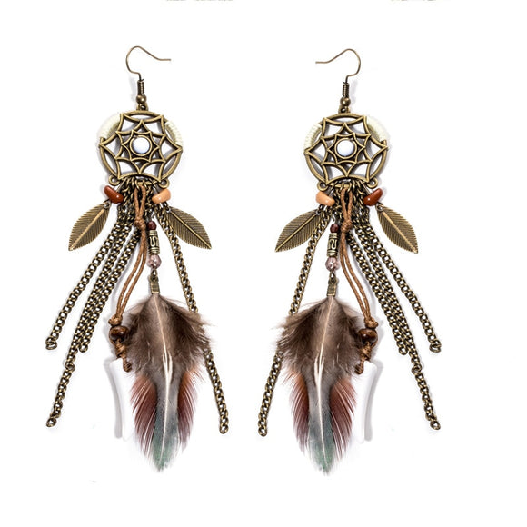 2019 Vintage Bohemia Hexagram Dream Catcher Long Tassel Feather leaf Drop Earrings Bead Earrings Pendiente Women Earrings