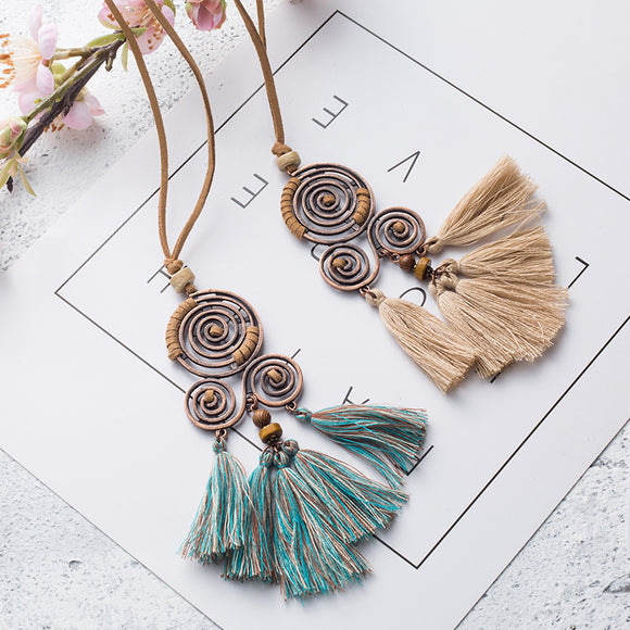 Bohemia Long tassel women's necklaces Long Leather chain Sweater chain Ethnic round tassel necklaces for women wholesale