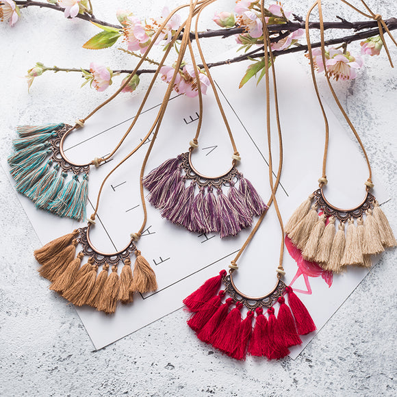 Vintage 5 color Tassel necklaces Ethnic Long Leather chain Sweater chain necklaces for women Moon Hollow Long tassel necklace