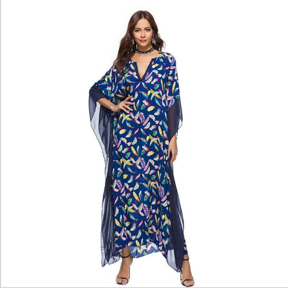 2019Fashion Boho Tropical Floral Print Summer Long Maxi Dress Women Batwing Sleeve V Neck Loose Beach Tunic Dresses Vestidos