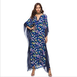 2019Fashion Boho Tropical Floral Print Summer Long Maxi Dress Women Batwing Sleeve V Neck Loose Beach Tunic Dresses Vestidos