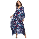 2019Fashion Boho Tropical Floral Print Summer Long Maxi Dress Women Batwing Sleeve V Neck Loose Beach Tunic Dresses Vestidos