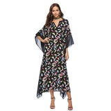 2019Fashion Boho Tropical Floral Print Summer Long Maxi Dress Women Batwing Sleeve V Neck Loose Beach Tunic Dresses Vestidos