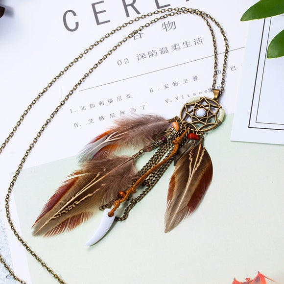 Vintage Punk Feather Women's necklace Ethnic Dream catcher Long pendant Sweater chain Bohemia Long necklace fow women 2019