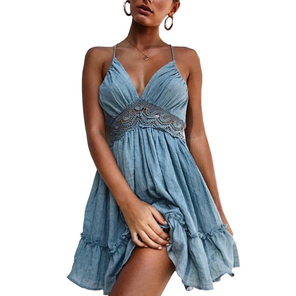 Summer V neck sexy strap lace dress women boho beach ruffled dress streetwear backless short mini sundress female clothing