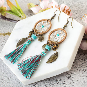 Vintage Bohemia Women's Dangle Earring Ethnic  Dream Catcher Long tassel Earring for women charm Flower & leaves Tassel Earring