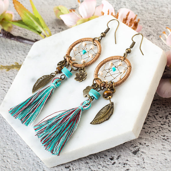 Vintage Bohemia Women's Dangle Earring Ethnic  Dream Catcher Long tassel Earring for women charm Flower & leaves Tassel Earring