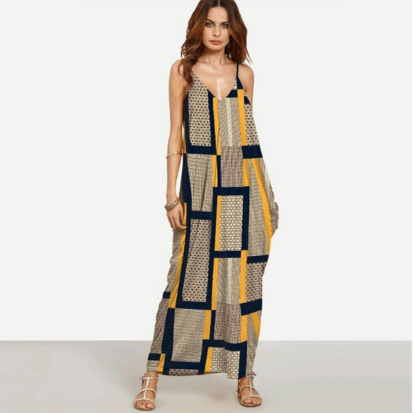 WIPU  Elegant Long Maxi Dress Summer 2019 Women Boho Deep V Neck Sleeveless Loose Dresses Beach Wear Sundress Vestido