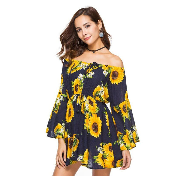 Summer Flare Sleeve Sunflower Print Dress Sexy Women Long Sleeve Off Shoulder Loose Dress 2019 Female Beach Streetwear Dresses