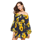 Summer Flare Sleeve Sunflower Print Dress Sexy Women Long Sleeve Off Shoulder Loose Dress 2019 Female Beach Streetwear Dresses