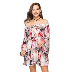 Summer Flare Sleeve Sunflower Print Dress Sexy Women Long Sleeve Off Shoulder Loose Dress 2019 Female Beach Streetwear Dresses