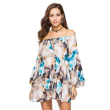 Summer Flare Sleeve Sunflower Print Dress Sexy Women Long Sleeve Off Shoulder Loose Dress 2019 Female Beach Streetwear Dresses