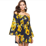 Summer Flare Sleeve Sunflower Print Dress Sexy Women Long Sleeve Off Shoulder Loose Dress 2019 Female Beach Streetwear Dresses