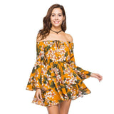 Summer Flare Sleeve Sunflower Print Dress Sexy Women Long Sleeve Off Shoulder Loose Dress 2019 Female Beach Streetwear Dresses