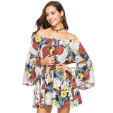 Summer Flare Sleeve Sunflower Print Dress Sexy Women Long Sleeve Off Shoulder Loose Dress 2019 Female Beach Streetwear Dresses
