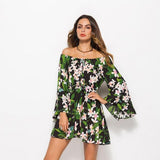 Summer Flare Sleeve Sunflower Print Dress Sexy Women Long Sleeve Off Shoulder Loose Dress 2019 Female Beach Streetwear Dresses