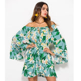 Summer Flare Sleeve Sunflower Print Dress Sexy Women Long Sleeve Off Shoulder Loose Dress 2019 Female Beach Streetwear Dresses