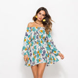 Summer Flare Sleeve Sunflower Print Dress Sexy Women Long Sleeve Off Shoulder Loose Dress 2019 Female Beach Streetwear Dresses