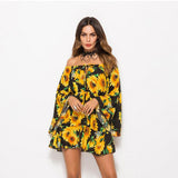 Summer Flare Sleeve Sunflower Print Dress Sexy Women Long Sleeve Off Shoulder Loose Dress 2019 Female Beach Streetwear Dresses