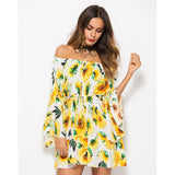 Summer Flare Sleeve Sunflower Print Dress Sexy Women Long Sleeve Off Shoulder Loose Dress 2019 Female Beach Streetwear Dresses