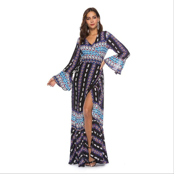 plus size boho chic floral print cotton long sleeve maxi dess 2019 Fashion Beach bohemia femme floor length women dress
