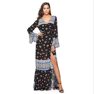 plus size boho chic floral print cotton long sleeve maxi dess 2019 Fashion Beach bohemia femme floor length women dress