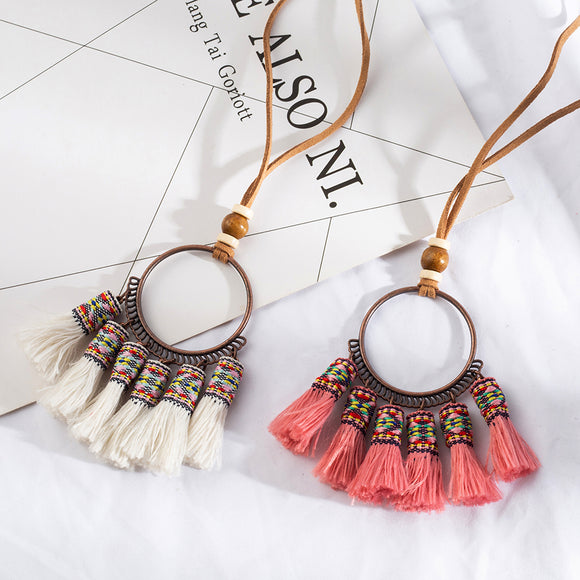 Ethnic Water Drop 5 tassel Women's necklace Bohemia Long Leather chain Sweater chain Vintage Long tassel necklaces for women