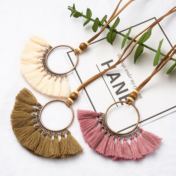 Vintage Colorful Tassel Round Women's necklaces Ethnic Long Leather chain Sweater chain Circle Hollow  necklaces for women