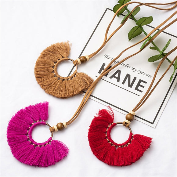 Bohemia Round Colorful Long tassel Women's necklaces Long Leather chain Sweater chain Ethnic Circle Tassel Necklaces for women