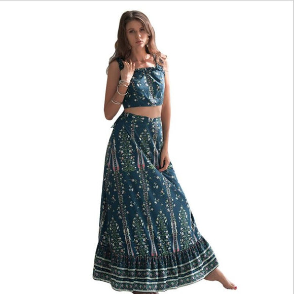 Women Boho Bohemian Dresses New  Summer Style of 2019 Fashion Tank tops+ half-length Dress two sets Printed Beach Dress