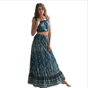 Women Boho Bohemian Dresses New  Summer Style of 2019 Fashion Tank tops+ half-length Dress two sets Printed Beach Dress